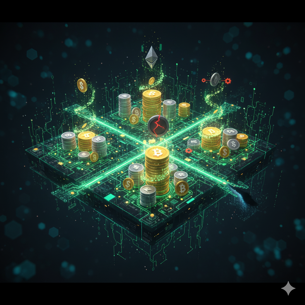 Ilustración conceptual de yield farming en DeFi, mostrando un complejo ecosistema digital de crecimiento de criptomonedas con elementos de riesgo y recompensa.