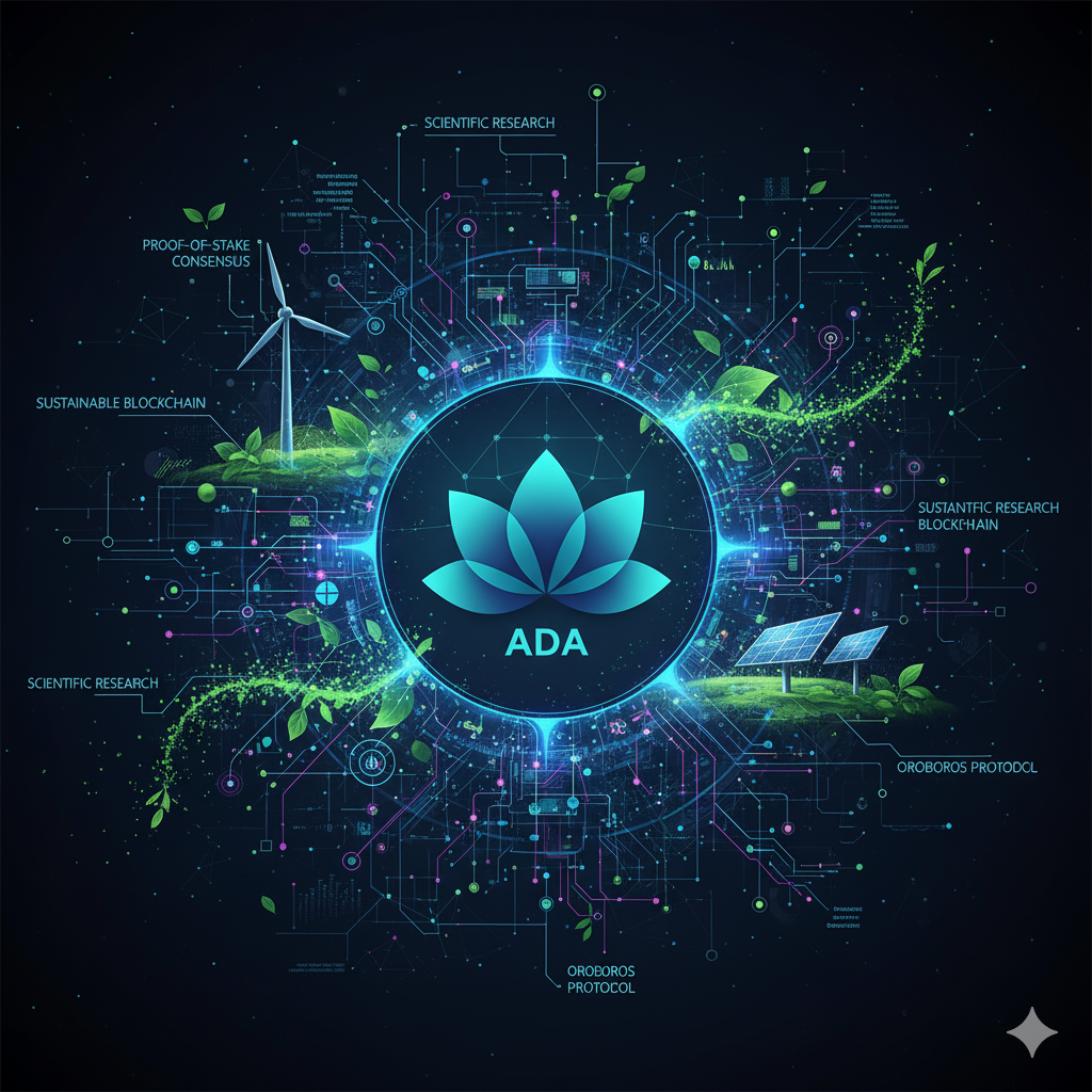 Representación visual de Cardano (ADA), destacando su enfoque científico y sostenible con elementos de blockchain y naturaleza.