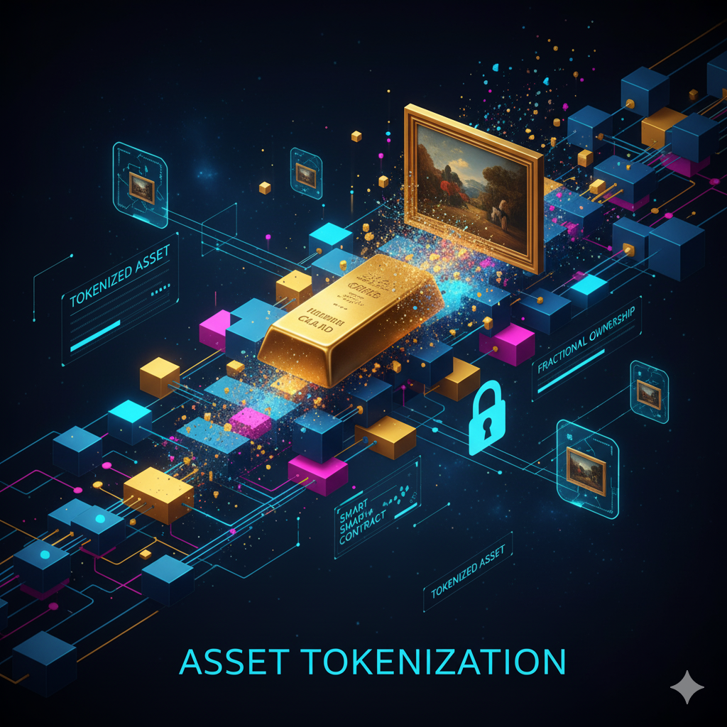 Representación visual de la tokenización de activos, mostrando la transformación de bienes físicos en tokens digitales en una blockchain.