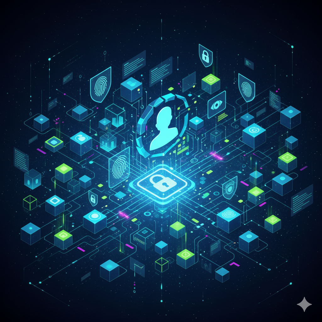 Ilustración de la Identidad Descentralizada (DID) en la blockchain, mostrando la distribución segura de datos de identidad.