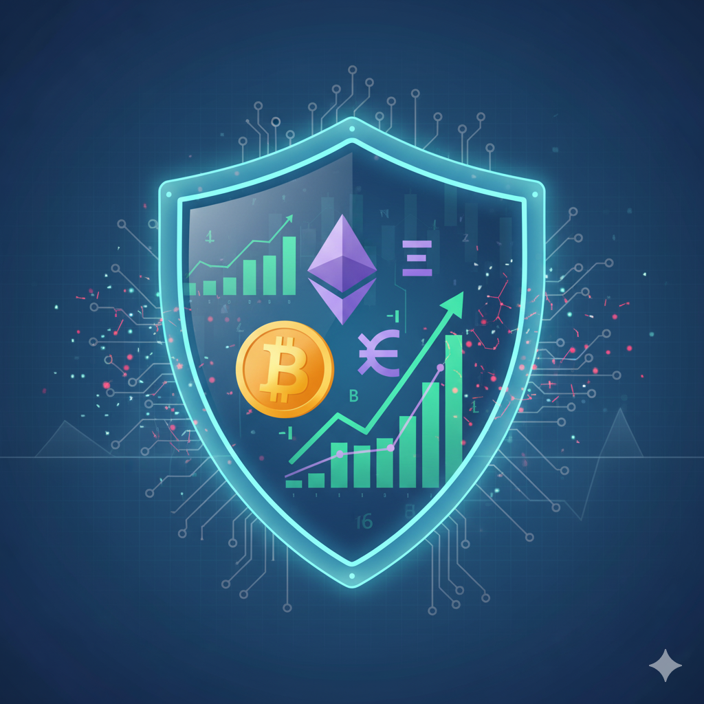 Escudo protector sobre criptomonedas y gráficos financieros, simbolizando la gestión de riesgos y la seguridad del capital en inversiones de criptomonedas.
