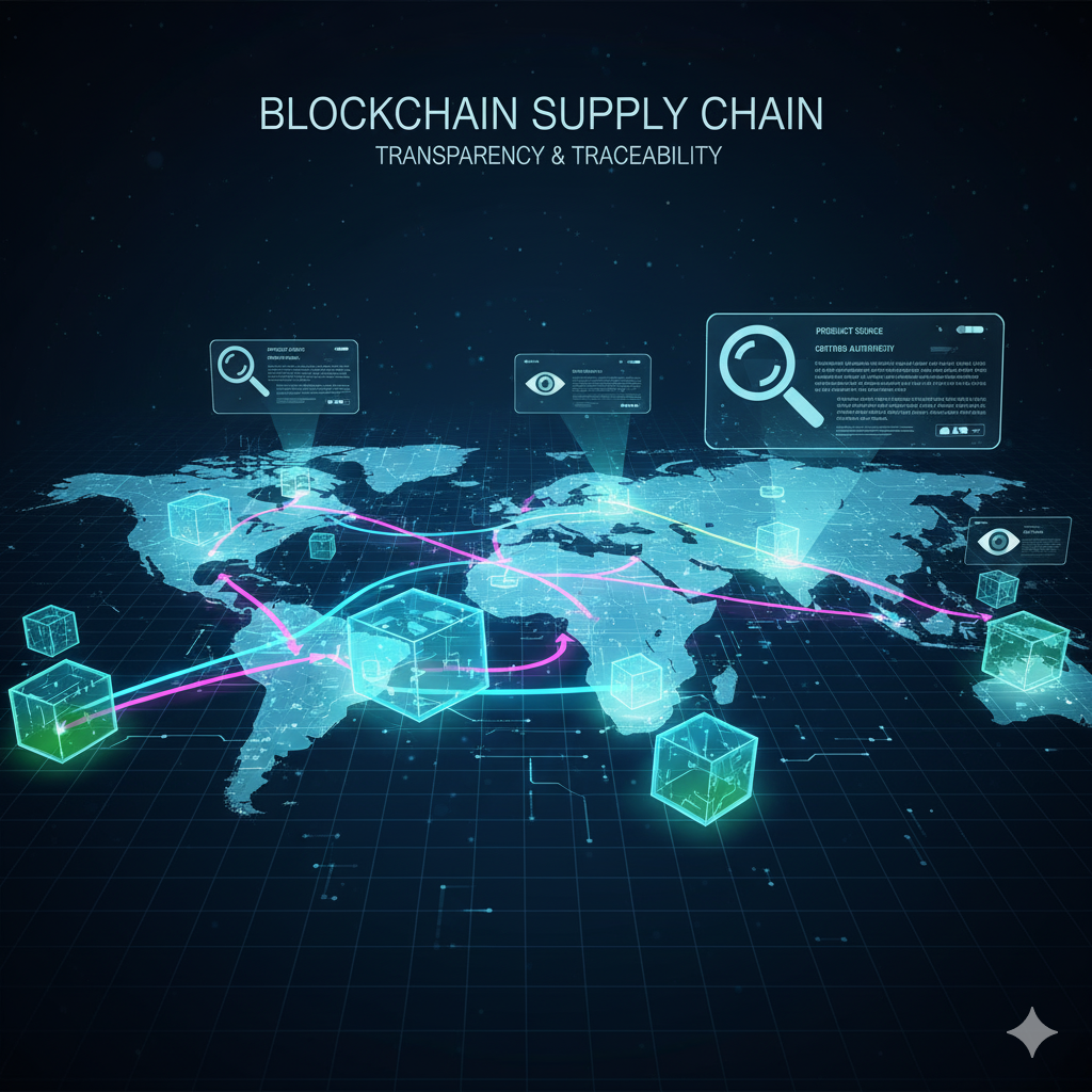 Ilustración de la tecnología blockchain aplicada a la cadena de suministro, destacando la trazabilidad y transparencia de los productos.