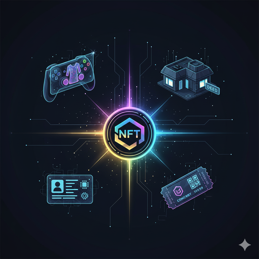 Ilustración conceptual de NFTs más allá del arte, mostrando sus diversas aplicaciones en gaming, identidad digital, bienes raíces y eventos.