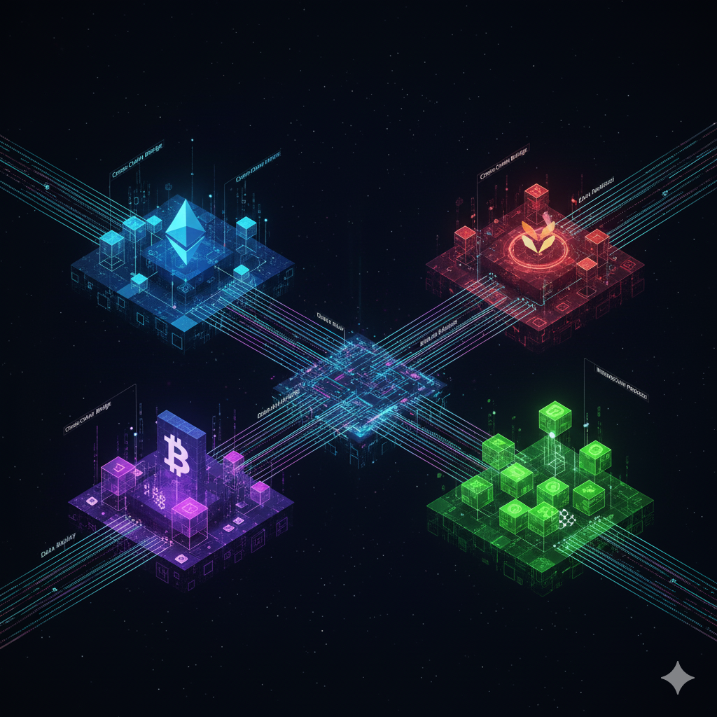 Representación visual de la interoperabilidad blockchain, mostrando diferentes redes conectadas y comunicándose.