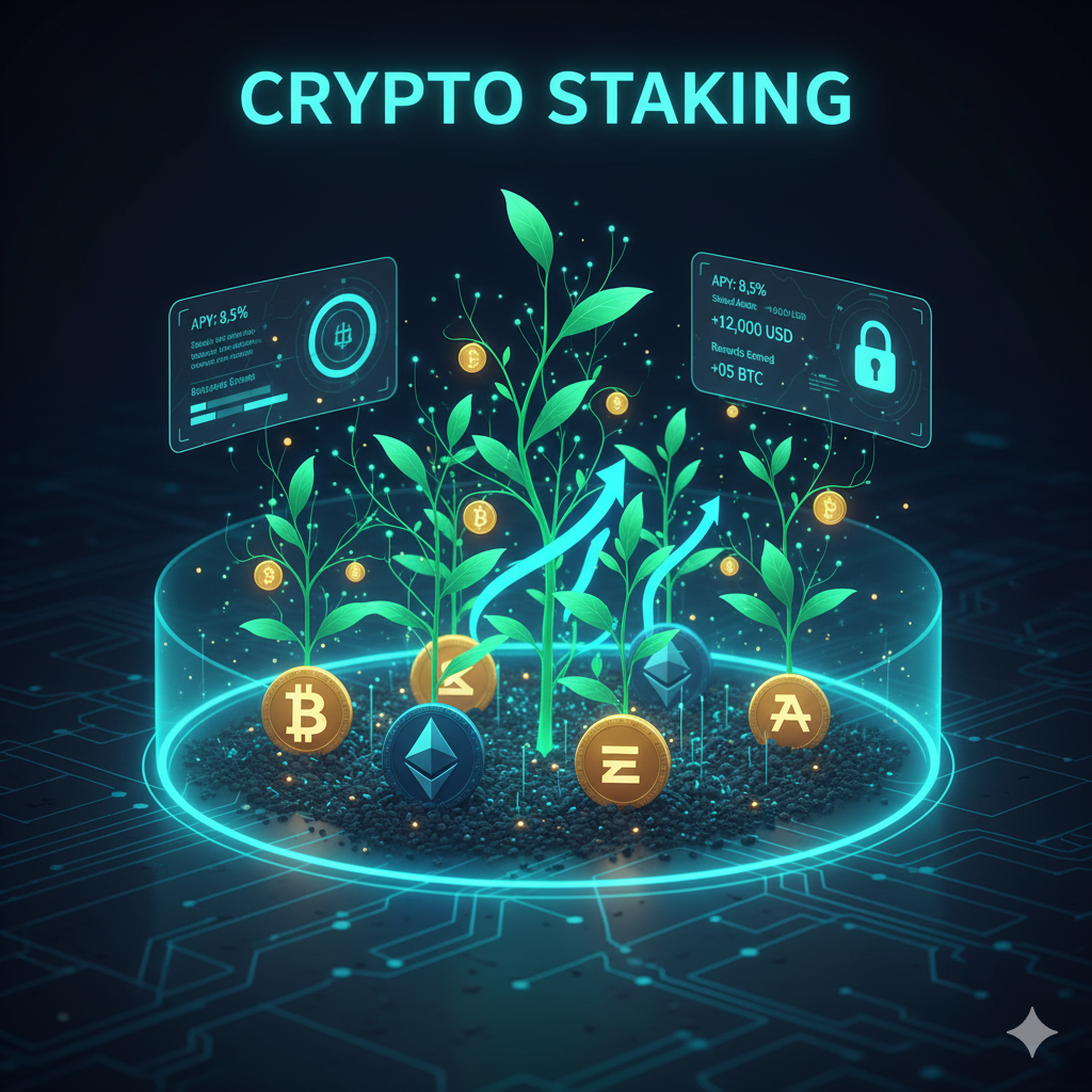 Ilustración de staking de criptomonedas, mostrando activos digitales "plantados" y generando ingresos pasivos.