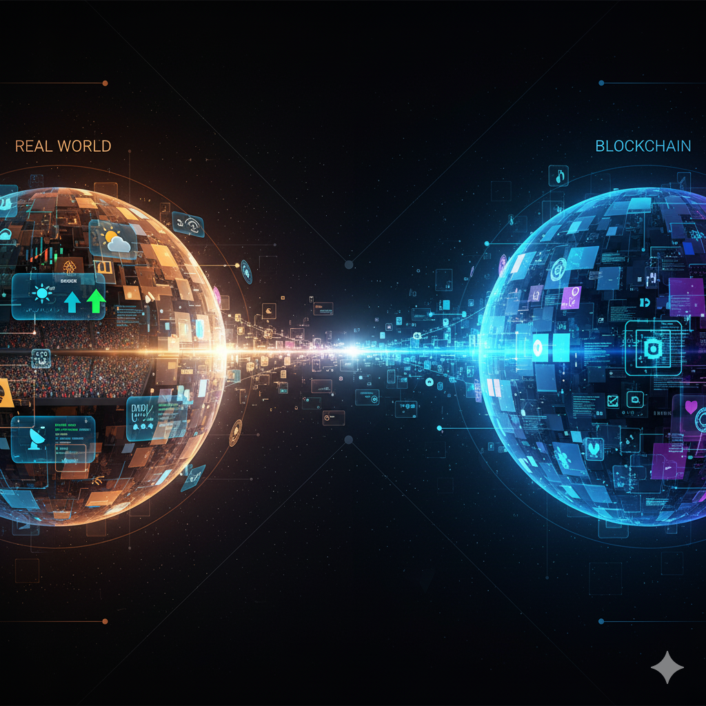 Representación visual de un oráculo blockchain, conectando datos del mundo real con contratos inteligentes en la cadena de bloques.