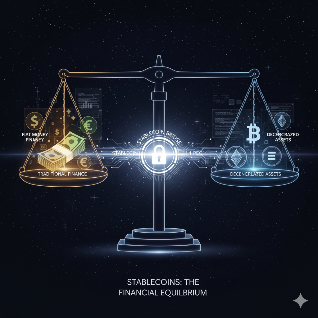Ilustración de Stablecoins como un puente digital que conecta el dinero fiduciario con las criptomonedas, simbolizando estabilidad.