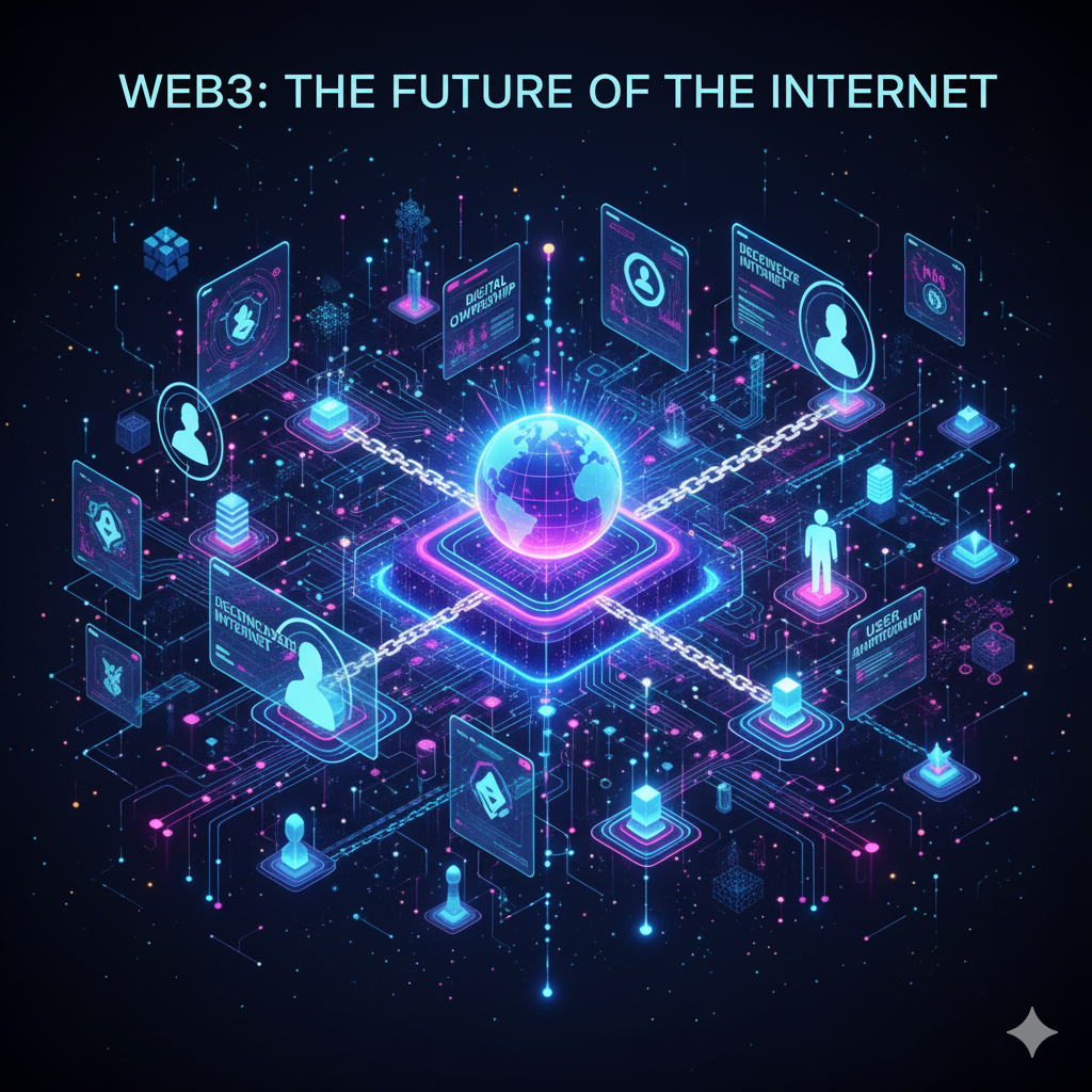 Representación visual de Web3, mostrando una red de internet descentralizada con énfasis en la propiedad digital y el control del usuario.