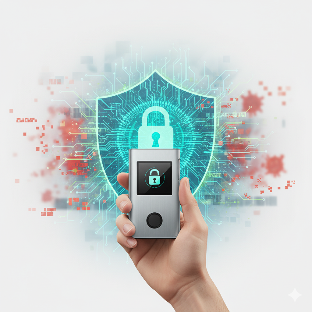 Ilustración de hardware wallets como Ledger y Trezor, representando la seguridad y la custodia offline de criptomonedas.