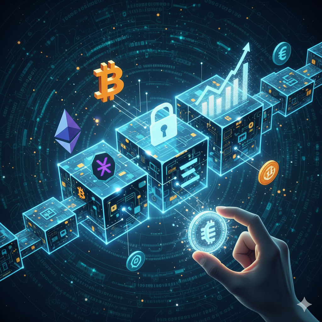 Representación visual de la tecnología blockchain y las criptomonedas, simbolizando la seguridad y el futuro financiero digital.